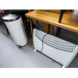 AN ELECTRIC CONVECTOR HEATER AND A BRASS STANDARD LAMP, DESK LAMP AND A KITCHEN BIN (4)