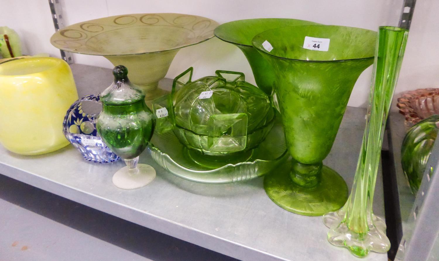 TWO GREEN CRACKLED GLASS VASES, ANOTHER LARGE VASE IN GREEN, GREEN GLASS PUNCH BOWL AND CUPS, - Image 3 of 3