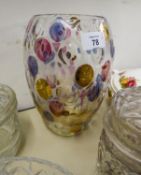 CUT GLASS SMALL SPIRIT DECANTER AND STOPPER; OVULAR GLASS VASE WITH COLOURED DOT DECORATION, CUT