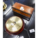 AN INLAID WALNUT OBLONG BOX WITH HINGED LID, 8 1/2" X 3 1/2" AND A 'WEATHERMASTER' ANEROID