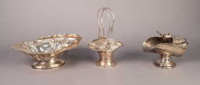 VICTORIAN ELECTROPLATED OVAL SWING HANDLED CAKE BASKET, together with a SUGAR SCUTTLE AND SCOOP