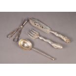 PAIR OF VICTORIAN ELECTROPLATED FISH SERVERS, the blade pierced and engraved with fish and foliate