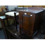 EDWARDIAN MAHOGANY BEDSIDE CUPBOARD AND A STAINED WOOD OBLONG BOX PIANO STOOL (2)