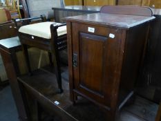 EDWARDIAN MAHOGANY BEDSIDE CUPBOARD AND A STAINED WOOD OBLONG BOX PIANO STOOL (2)