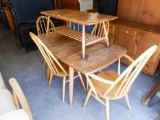 AN ERCOL ELM DROP-LEAF DINING TABLE (137cm x 75cm x 71cm) and  FOUR DINING CHAIRS (3 +1) (5)
