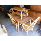 AN ERCOL ELM DROP-LEAF DINING TABLE (137cm x 75cm x 71cm) and  FOUR DINING CHAIRS (3 +1) (5)