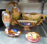 GRIMWADES ART DECO FLORAL MOULDED POTTERY BASKET, small chip, together with a MATCHING BOAT SHAPED