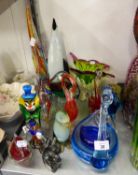 COLOURED GLASS MURANO STYLE ORNAMENTS TO INCLUDE; TWO PENGUINS, SWAN, CLOWN ETC.....