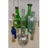 OLD GREEN GLASS CONICAL WINE FLASK WITH COAT OF ARMS, SMALL CLEAR GLASS TEAPOT SHAPED VESSEL AND