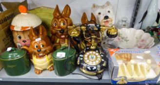 COMICAL BISCUIT BARRELS, A LARGE COMPOSITION SCOTTIE DOG, A DOG DECORATED TELEPHONE ETC...