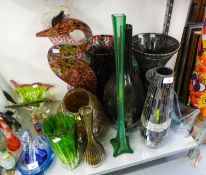 A SELECTION OF LARGE MOSAIC STYLE VASES IN VARIOUS COLOURS AND A SIMILAR SWAN AND FIGURE ORNAMENT