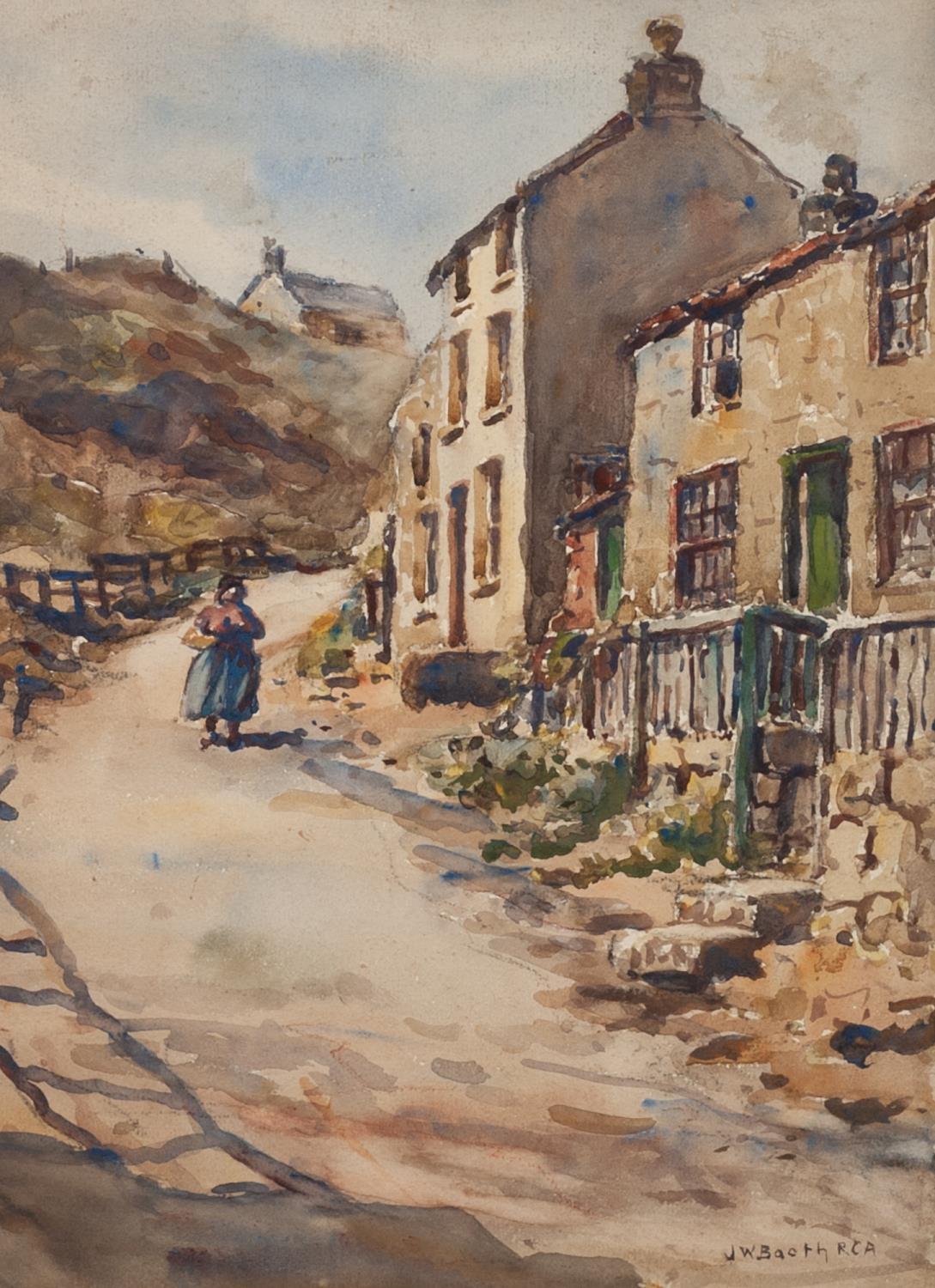 JAMES WILLIAM BOOTH R.C.A. (1867 - 1953) WATERCOLOUR DRAWING Fisher woman on the road down to