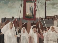 ROGER HAMPSON (1925 - 1996) OIL PAINTING ON BOARD 'Banner Girls', Atherton Whit Walks Signed lower