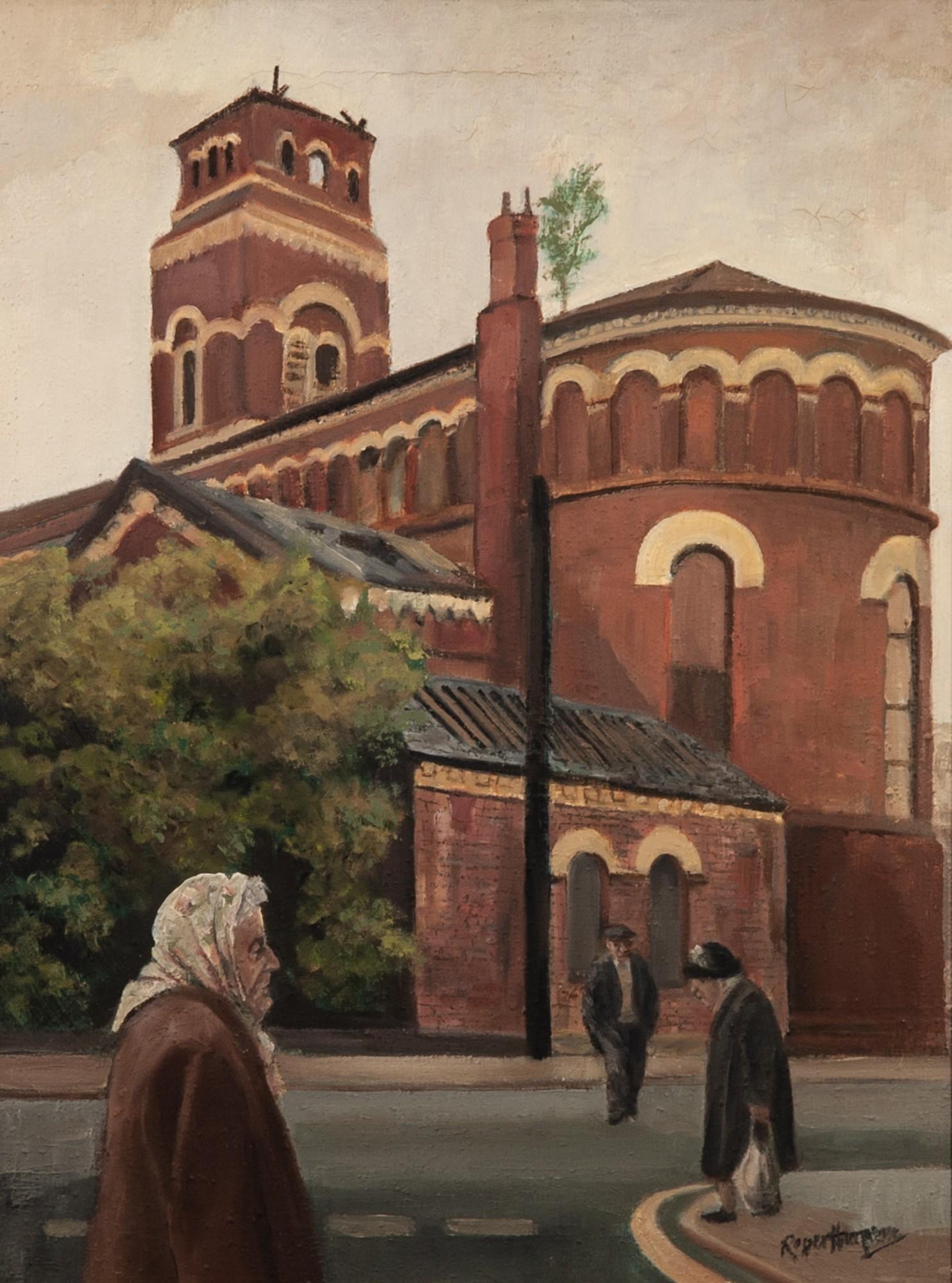 ROGER HAMPSON (1925 - 1996) OIL PAINTING ON CANVAS 'Derelict Church, Ancoats' Signed lower right and