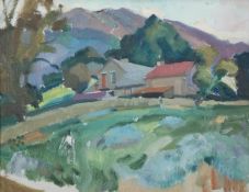 HARRY RUTHERFORD (1903-1985) OIL ON BOARD Hilly landscape with farm buildings 14 x 18 1/8 in (35.5 x