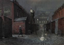 TOM BROWN (1933 - 2017) PASTEL DRAWING 'Salford Ginnel' at dusk with lamplighter, man on a bicycle