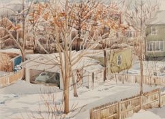 MARJORIE JAQUES (1917 - 2005) THREE WATERCOLOUR DRAWINGS 'Back Gardens, Ohio' Signed lower right,