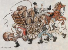 MARGARET CHAPMAN (1940-2000) OIL ON BOARD Horse drawn brewers dray with mischievous boys Signed