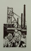 ROGER HAMPSON (1925 - 1996) LINOCUT ON GREY PAPER 'Two Miners at Astley Green' Signed, titled and