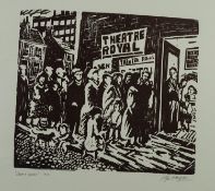 ROGER HAMPSON (1925 - 1996) LINOCUT ON GREY PAPER 'Cinema Queue' at the Theatre Royal, Bolton Signed