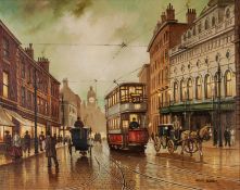 STEVEN SCHOLES (b.1952) OIL ON CANVAS Bygone street scene with tram and horse drawn carriage