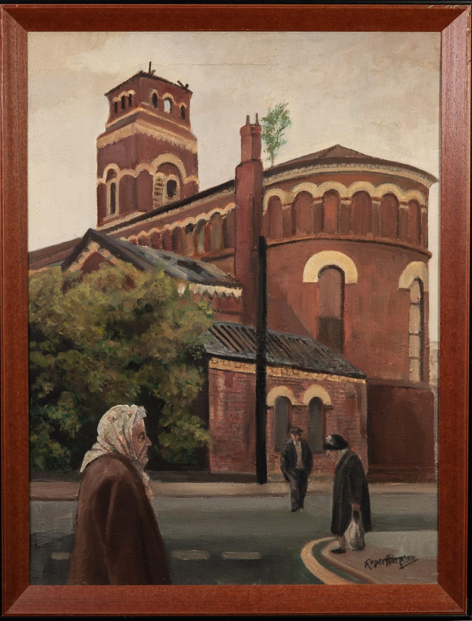 ROGER HAMPSON (1925 - 1996) OIL PAINTING ON CANVAS 'Derelict Church, Ancoats' Signed lower right and - Image 2 of 2