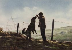 ROBERT (BOB) LITTLEFORD (1945) WATERCOLOUR Boy playing with dog in an upland landscape Signed