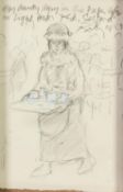 HAROLD RILEY (1934) PENCIL DRAWING HEIGHTENED IN WHITE Waitress carrying a tray, inscribed, signed