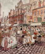 MARGARET CHAPMAN (1940-2000) OIL ON BOARD Northern street scene on market day thronged with