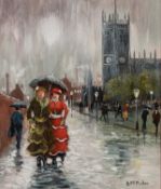 BERNARD McMULLEN (1952-2015) OIL ON BOARD A rainy Northern street scene with figures signed lower