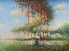 UNATTRIBUTED CONTEMPORARY ARTIST MIXED MEDIA ON PAPER French impressionist style landscape with