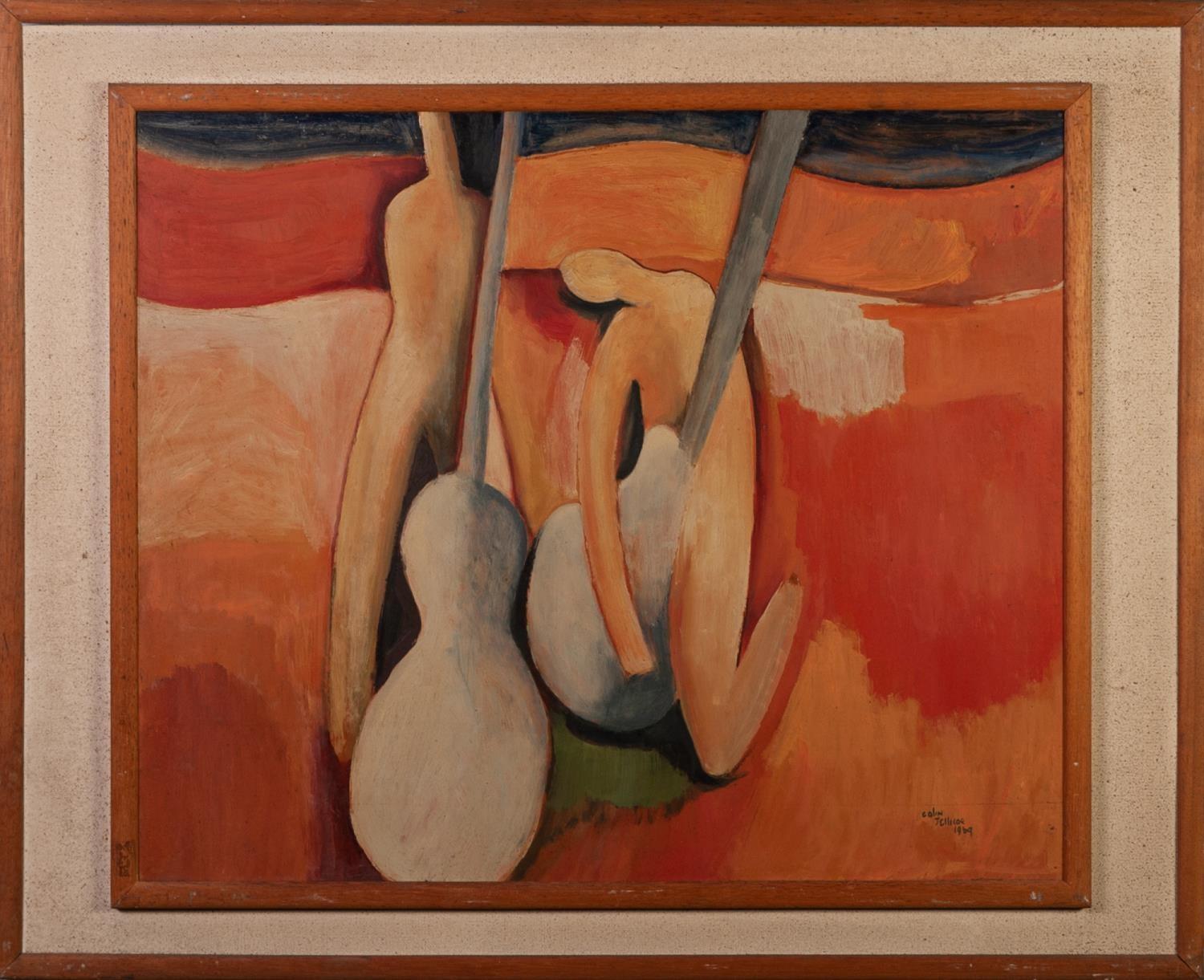 COLIN JELLICOE (1942 - 2018) OIL PAINTING ON BOARD Abstract with Figures and Guitars Signed and - Image 2 of 2