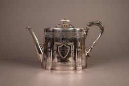 LATE VICTORIAN PRESENTATION ELECTROPLATED TEAPOT, of serpentine outline with bone knop and angular