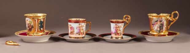 FOUR VIENNA PORCELAIN CABINET CUPS AND SAUCERS, including a PAIR, all decorated with classical