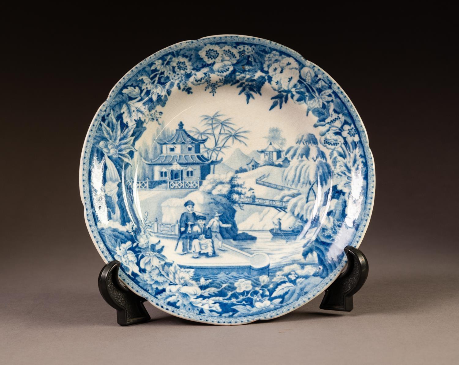 NINETEENTH CENTURY DAVENPORT BLUE AND WHITE POTTERY SIDE PLATE, printed in the Oriental taste with