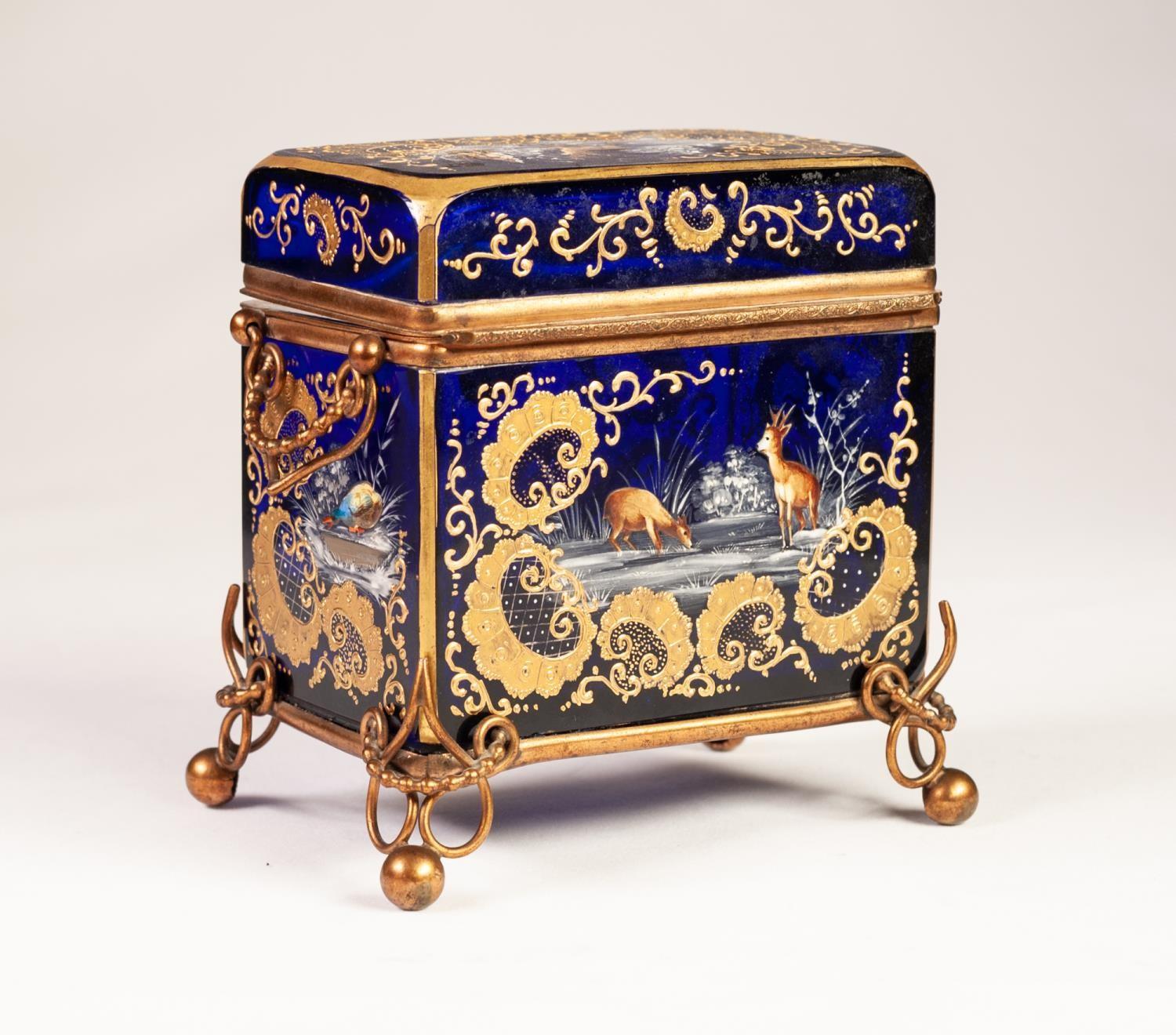 MOSER STYLE LATE NINETEENTH CENTURY ENAMELLED AND GILT METAL MOUNTED COBALT BLUE GLASS CASKET, of - Image 3 of 10