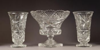 A GOOD QUALITY INTER-WAR YEARS CUT GLASS PEDESTAL BOWL with serrated rim and square star-cut base,