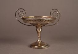 GEORGE V TWO HANDLED SILVER PEDESTAL BON-BON DISH BY WALKER & HALL, with high spiral scroll handles,