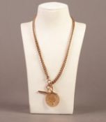 9ct GOLD CURB PATTERN DOUBLE ALBERT WATCH CHAIN with two clips and a guard and a PENDANT FOB set