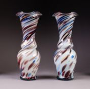 PAIR OF MURANO WHITE CASED GLASS VASES, each of baluster form with slightly flared neck and wavy
