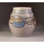 SUSIE COOPER MOULDED POTTERY VASE, of ovoid form, painted in muted tones with a band of tube lined