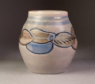 SUSIE COOPER MOULDED POTTERY VASE, of ovoid form, painted in muted tones with a band of tube lined