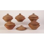 BERNARD LEACH, ST IVES POTTERY SET OF FIVE POTTERY TWO HANDLED BULBOUS CIRCULAR SOUP OR BREAKFAST