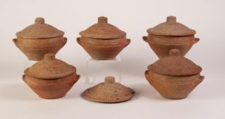 BERNARD LEACH, ST IVES POTTERY SET OF FIVE POTTERY TWO HANDLED BULBOUS CIRCULAR SOUP OR BREAKFAST