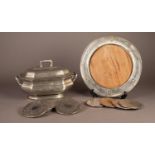 ELECTROPLATED CIRCULAR BREAD BOARD STAND WITH WOODEN INSERT, together with a SET OF SIX DRINKS