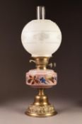 VICTORIAN BRASS AND COLOURED GLASS OIL TABLE LAMP, with floral painted lilac coloured reservoir,
