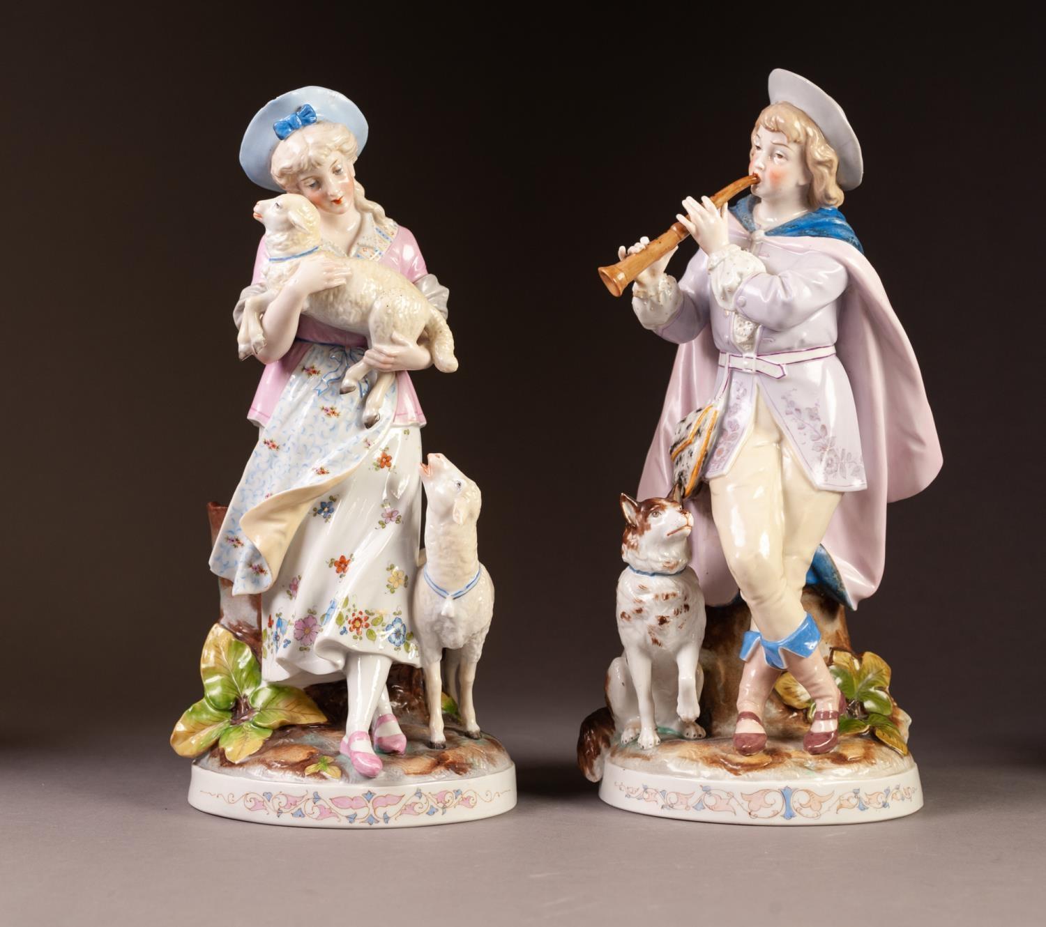 A PAIR OF LATE NINETEENTH CENTURY GERMAN (CONTA AND BOEHME - POSSNECK) PORCELAIN FIGURES of fanciful