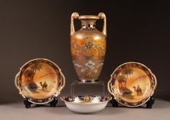 NORITAKE PORCELAIN TWO HANDLED VASE, of footed, ovoid form, with straight handles, floral painted on