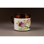 AN EARLY NINETEENTH CENTURY COPPER LUSTRE MUG,  reserved with a white border transfer printed and