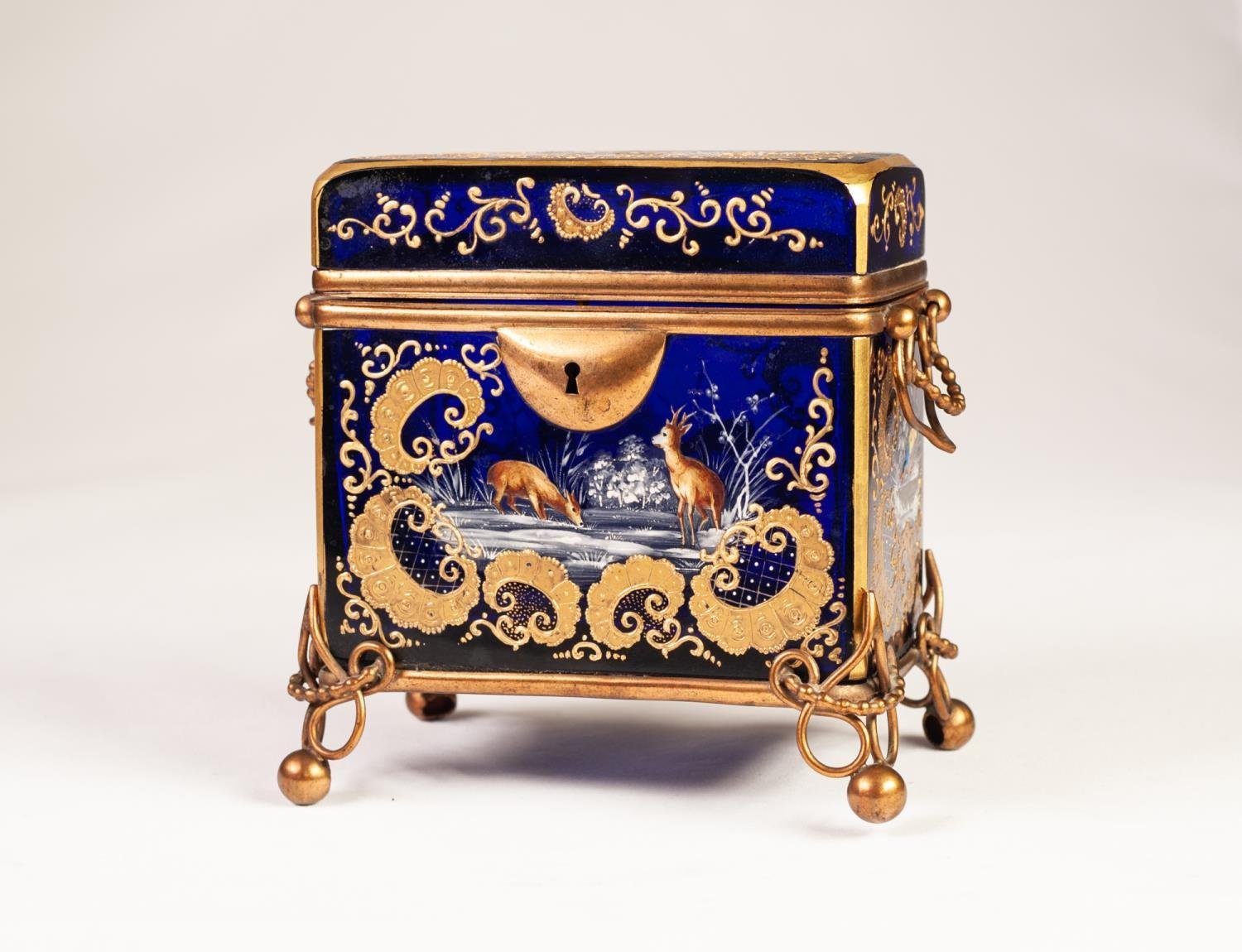 MOSER STYLE LATE NINETEENTH CENTURY ENAMELLED AND GILT METAL MOUNTED COBALT BLUE GLASS CASKET, of